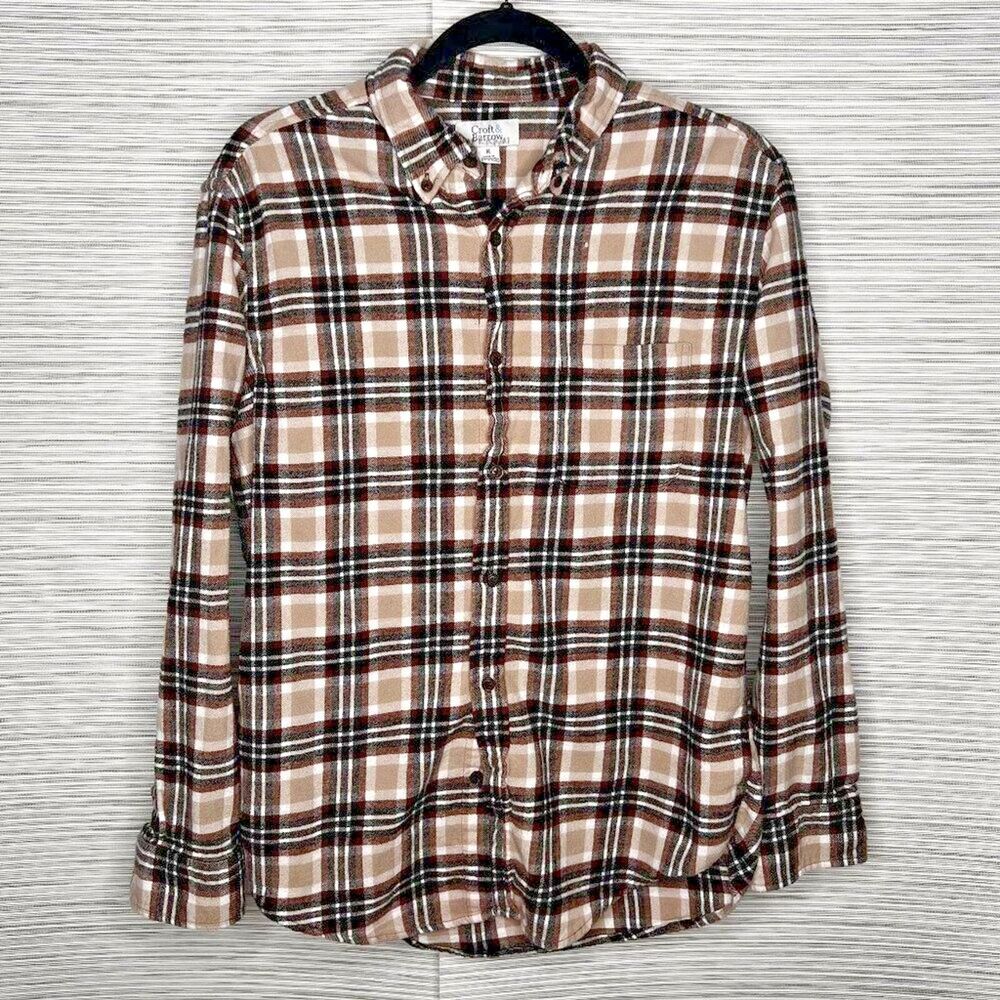 Croft Barrow Men‎ Button Down Shirt brown beige Check Long Sleeve Collar Medium